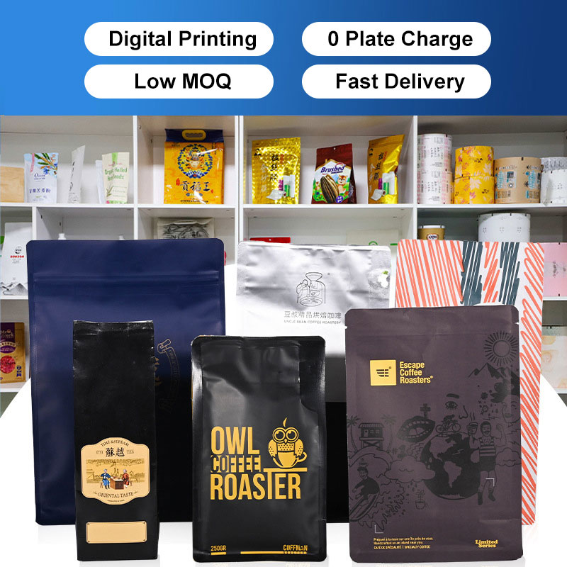 Kundenspezifische Kaffeetasche mit niedrigem MOQ im Digitaldruck